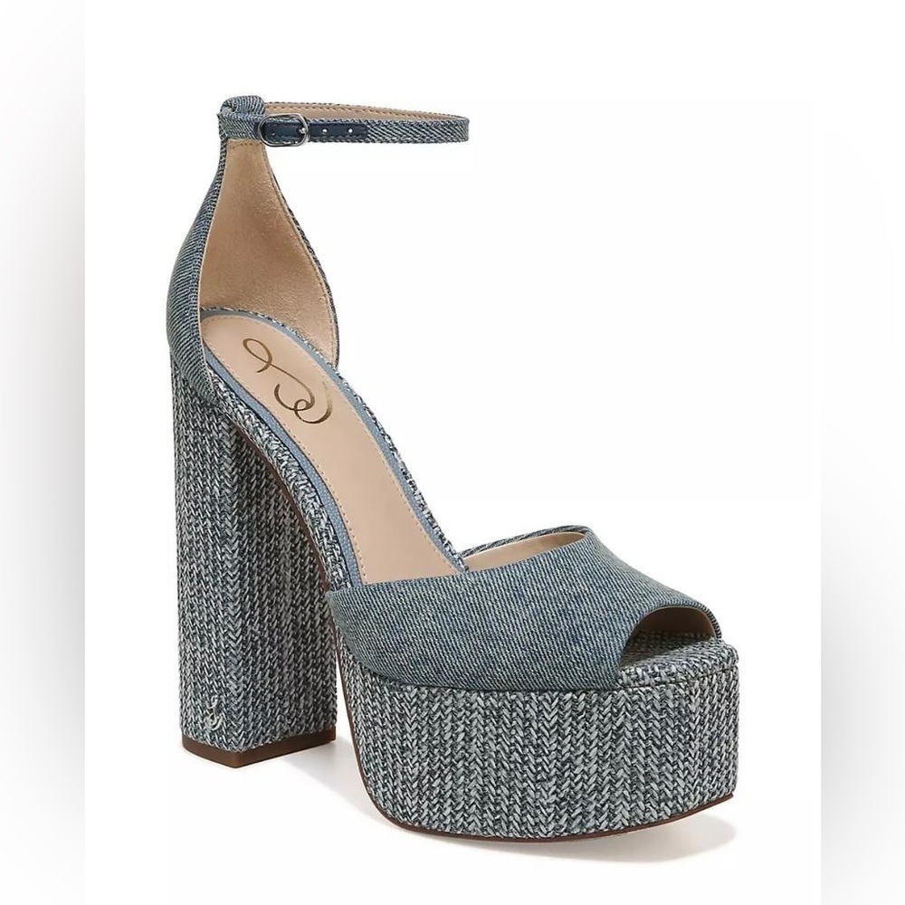 NIB Sam Edelman Kori Washed Denim Blue Ankle Strap Platform Sandals